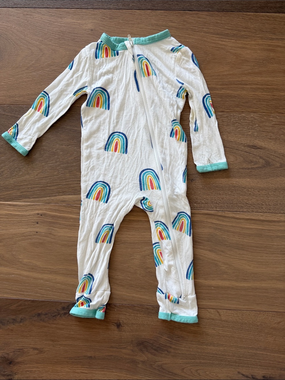 Kyte BABY White Rainbow Print Footed One-Piece with Teal Trim